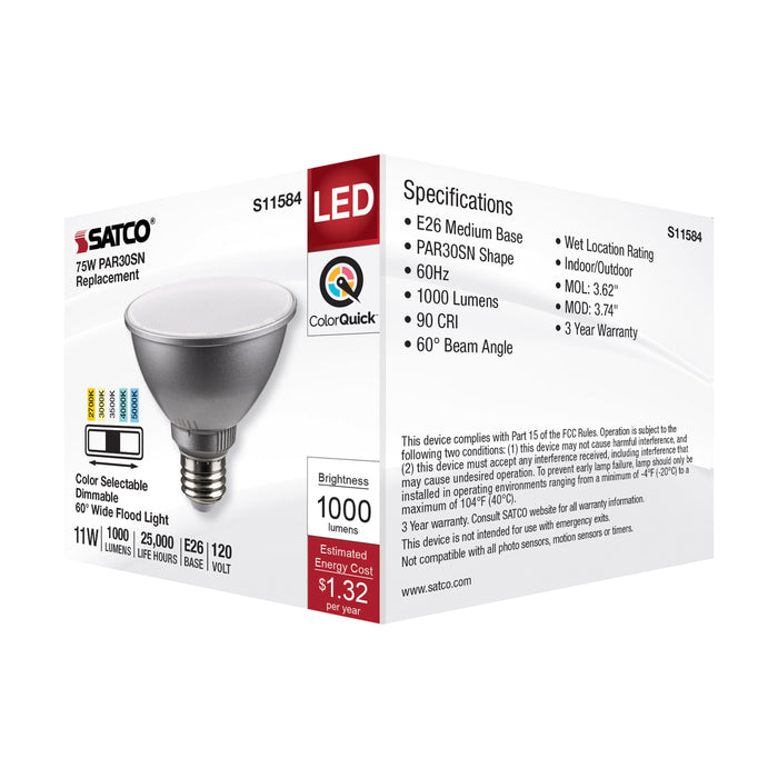 SATCO/NUVO LED CCT Selectable PAR30 Lamp 11W 1000Lm CCT Selectable 2700K/3000K/3500K/4000K/5000K 120V 90 CRI Dimmable (S11584)