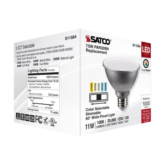 SATCO/NUVO LED CCT Selectable PAR30 Lamp 11W 1000Lm CCT Selectable 2700K/3000K/3500K/4000K/5000K 120V 90 CRI Dimmable (S11584)