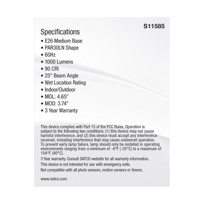 SATCO/NUVO LED CCT Selectable PAR30LN Lamp 11W 1000Lm CCT Selectable 2700K/3000K/3500K/4000K/5000K 120V 90 CRI Dimmable (S11585)