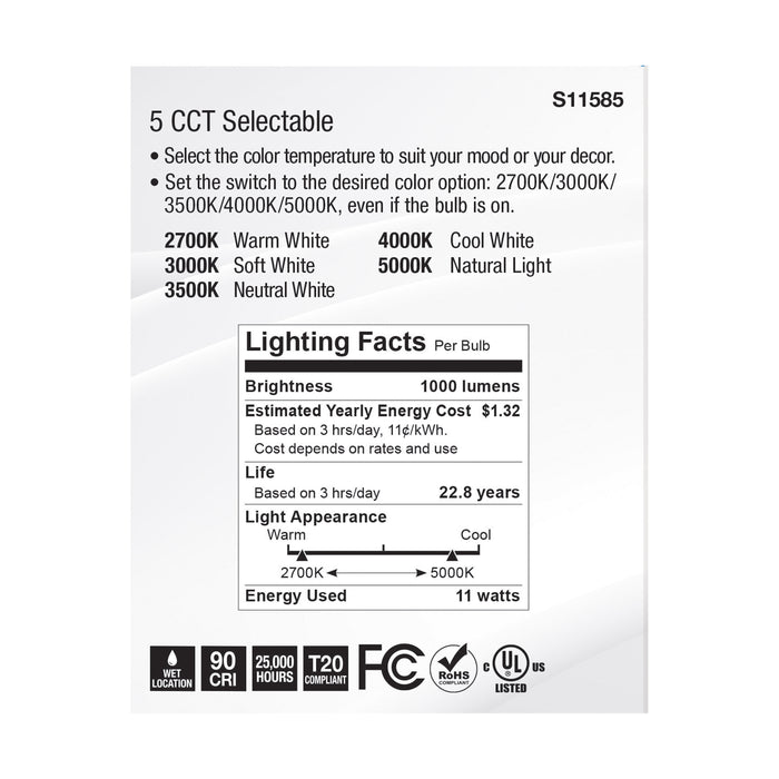 SATCO/NUVO LED CCT Selectable PAR30LN Lamp 11W 1000Lm CCT Selectable 2700K/3000K/3500K/4000K/5000K 120V 90 CRI Dimmable (S11585)