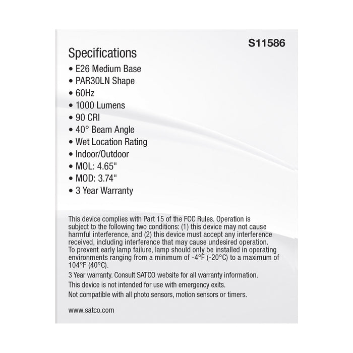 SATCO/NUVO LED CCT Selectable PAR30LN Lamp 11W 1000Lm CCT Selectable 2700K/3000K/3500K/4000K/5000K 120V 90 CRI Dimmable (S11586)