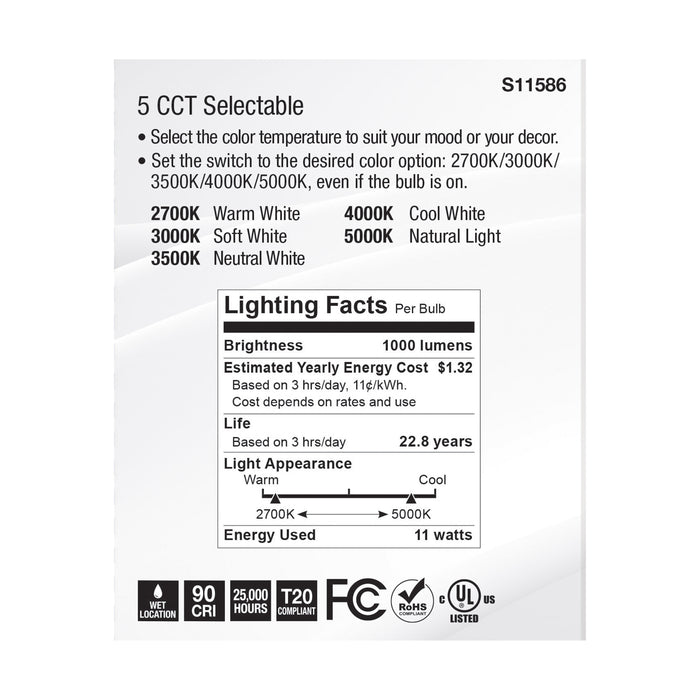 SATCO/NUVO LED CCT Selectable PAR30LN Lamp 11W 1000Lm CCT Selectable 2700K/3000K/3500K/4000K/5000K 120V 90 CRI Dimmable (S11586)