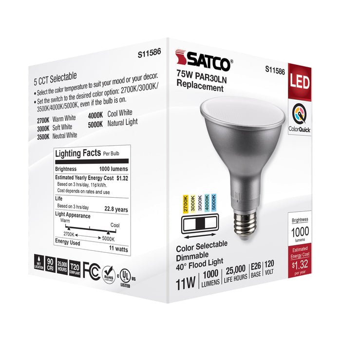 SATCO/NUVO LED CCT Selectable PAR30LN Lamp 11W 1000Lm CCT Selectable 2700K/3000K/3500K/4000K/5000K 120V 90 CRI Dimmable (S11586)