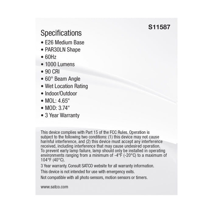 SATCO/NUVO LED CCT Selectable PAR30LN Lamp 11W 1000Lm CCT Selectable 2700K/3000K/3500K/4000K/5000K 120V 90 CRI Dimmable (S11587)