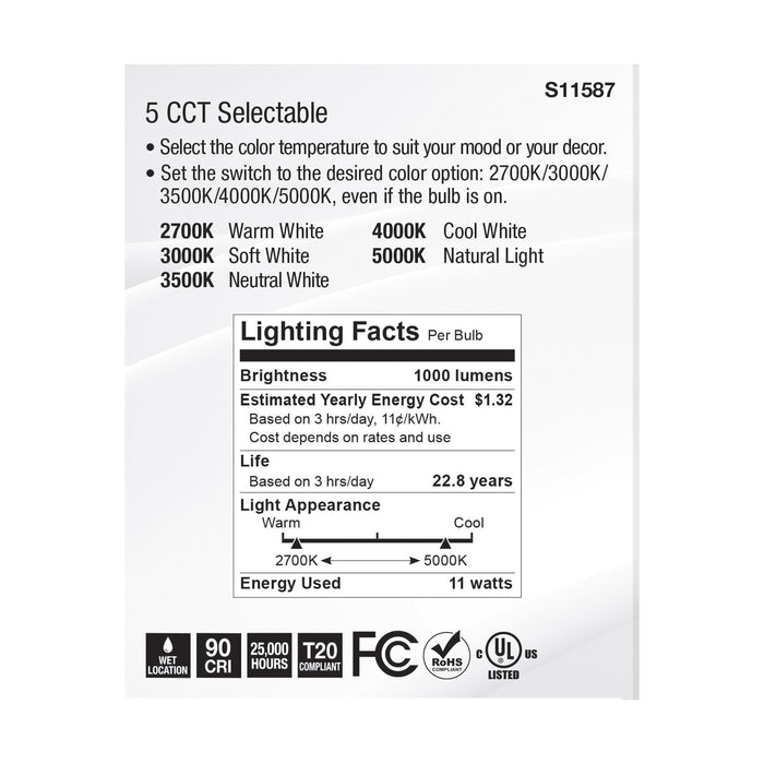 SATCO/NUVO LED CCT Selectable PAR30LN Lamp 11W 1000Lm CCT Selectable 2700K/3000K/3500K/4000K/5000K 120V 90 CRI Dimmable (S11587)