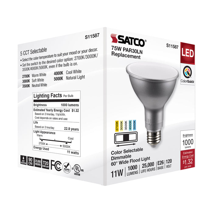 SATCO/NUVO LED CCT Selectable PAR30LN Lamp 11W 1000Lm CCT Selectable 2700K/3000K/3500K/4000K/5000K 120V 90 CRI Dimmable (S11587)
