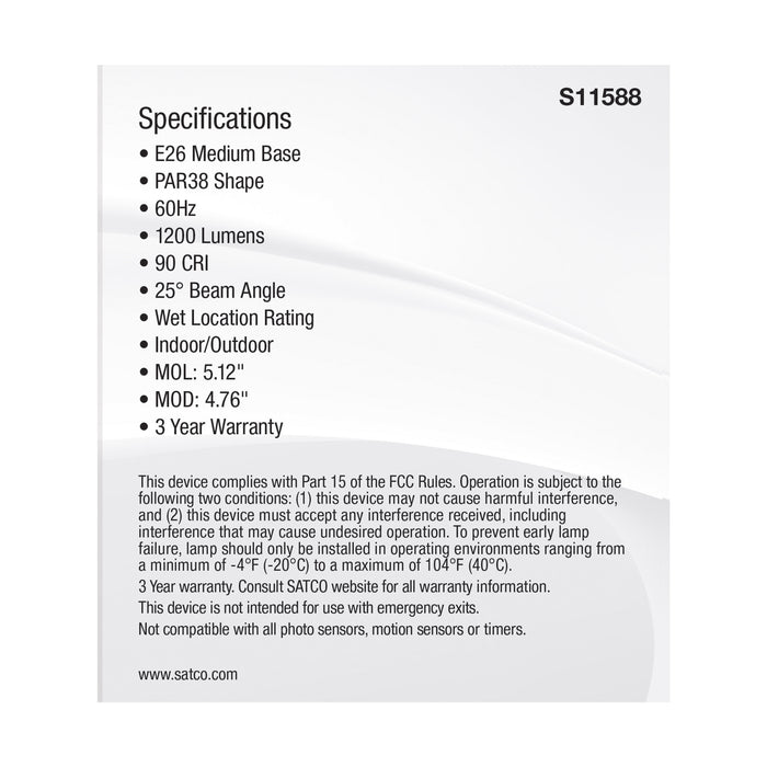 SATCO/NUVO LED CCT Selectable PAR38 Lamp 13.3W 1200Lm CCT Selectable 2700K/3000K/3500K/4000K/5000K 120V 90 CRI Dimmable (S11588)