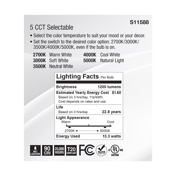 SATCO/NUVO LED CCT Selectable PAR38 Lamp 13.3W 1200Lm CCT Selectable 2700K/3000K/3500K/4000K/5000K 120V 90 CRI Dimmable (S11588)