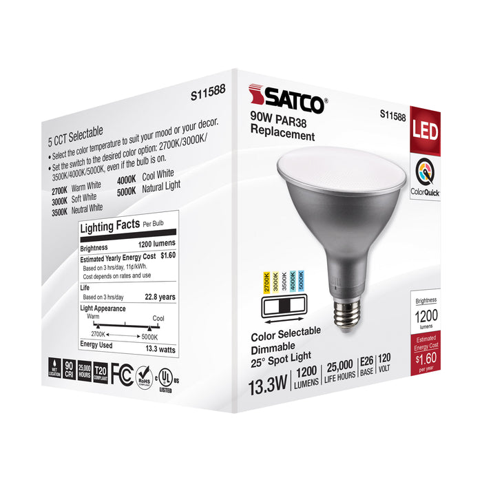 SATCO/NUVO LED CCT Selectable PAR38 Lamp 13.3W 1200Lm CCT Selectable 2700K/3000K/3500K/4000K/5000K 120V 90 CRI Dimmable (S11588)