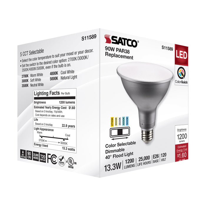 SATCO/NUVO LED CCT Selectable PAR38 Lamp 13.3W 1200Lm CCT Selectable 2700K/3000K/3500K/4000K/5000K 120V 90 CRI Dimmable (S11589)