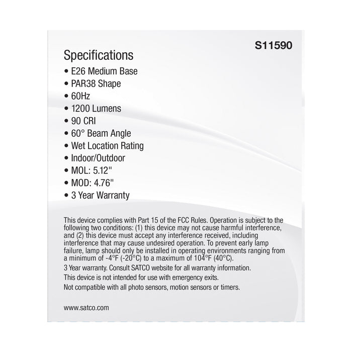 SATCO/NUVO LED CCT Selectable PAR38 Lamp 13.3W 1200Lm CCT Selectable 2700K/3000K/3500K/4000K/5000K 120V 90 CRI Dimmable (S11590)
