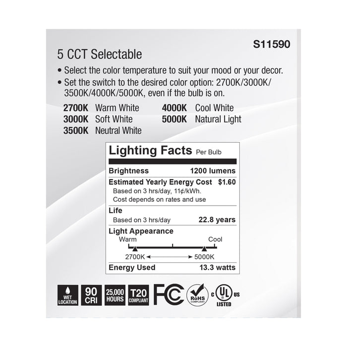 SATCO/NUVO LED CCT Selectable PAR38 Lamp 13.3W 1200Lm CCT Selectable 2700K/3000K/3500K/4000K/5000K 120V 90 CRI Dimmable (S11590)