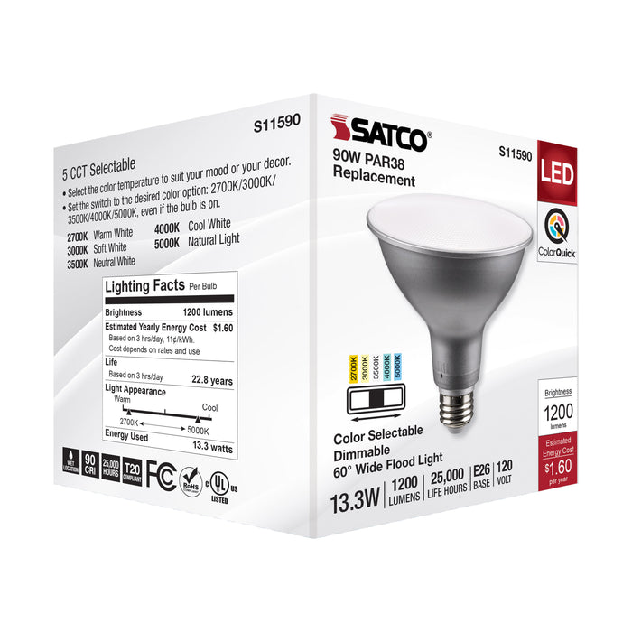SATCO/NUVO LED CCT Selectable PAR38 Lamp 13.3W 1200Lm CCT Selectable 2700K/3000K/3500K/4000K/5000K 120V 90 CRI Dimmable (S11590)