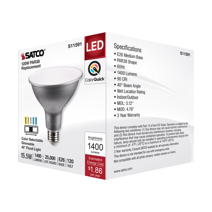 SATCO/NUVO LED CCT Selectable PAR38 Lamp 15.5W 1400Lm CCT Selectable 2700K/3000K/3500K/4000K/5000K 120V 90 CRI Dimmable (S11591)