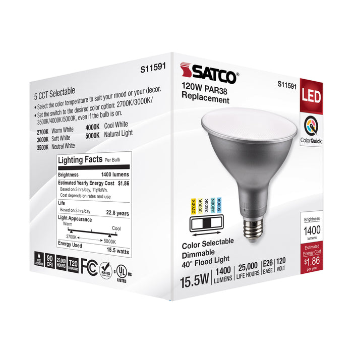 SATCO/NUVO LED CCT Selectable PAR38 Lamp 15.5W 1400Lm CCT Selectable 2700K/3000K/3500K/4000K/5000K 120V 90 CRI Dimmable (S11591)