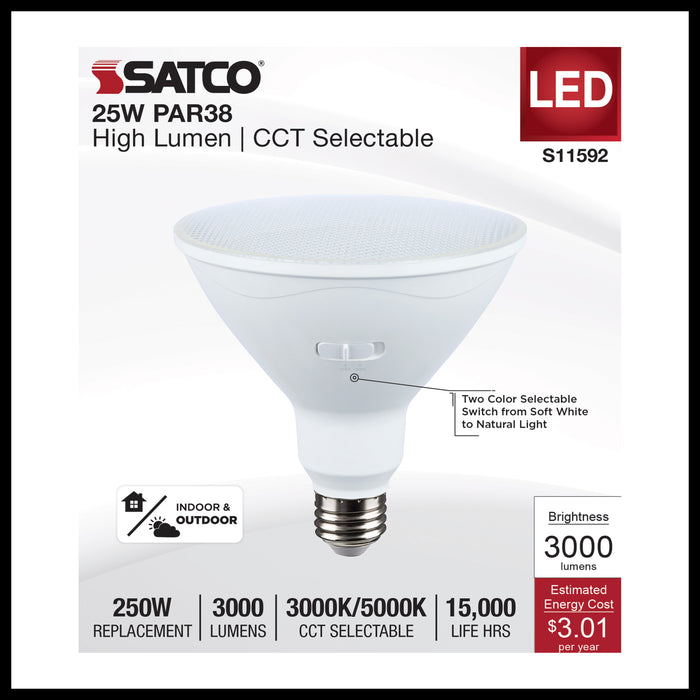 SATCO/NUVO 25W LED PAR38 CCT Selectable 3000K/6000K 3000Lm 80 CRI 40 Degree Beam Angle E26 Base Dimmable White (S11592)
