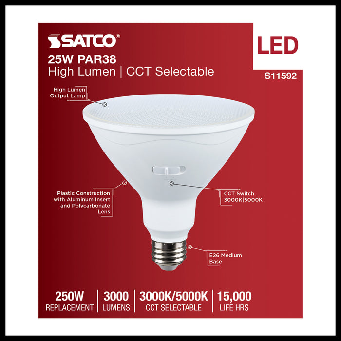 SATCO/NUVO 25W LED PAR38 CCT Selectable 3000K/6000K 3000Lm 80 CRI 40 Degree Beam Angle E26 Base Dimmable White (S11592)