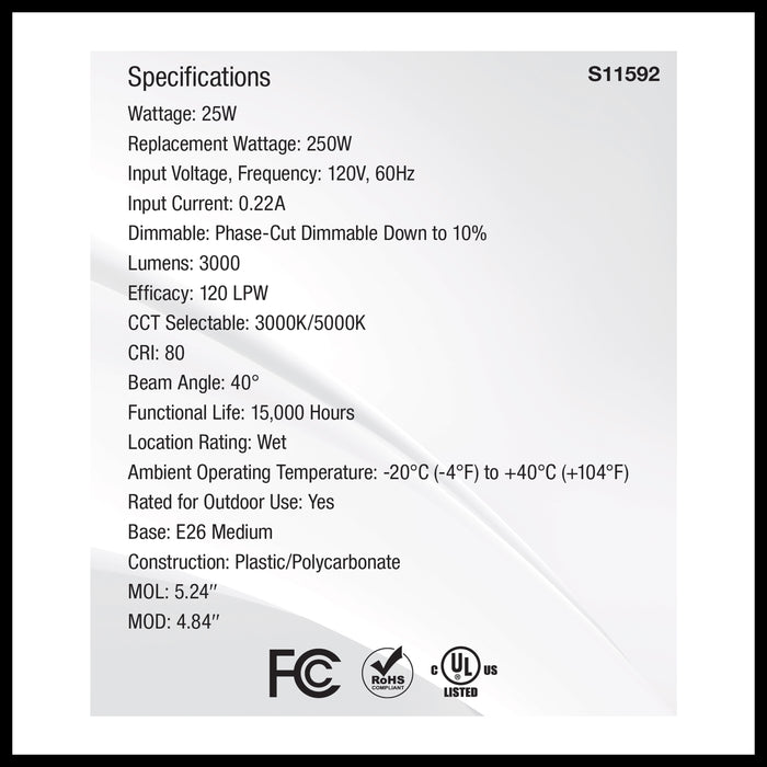 SATCO/NUVO 25W LED PAR38 CCT Selectable 3000K/6000K 3000Lm 80 CRI 40 Degree Beam Angle E26 Base Dimmable White (S11592)