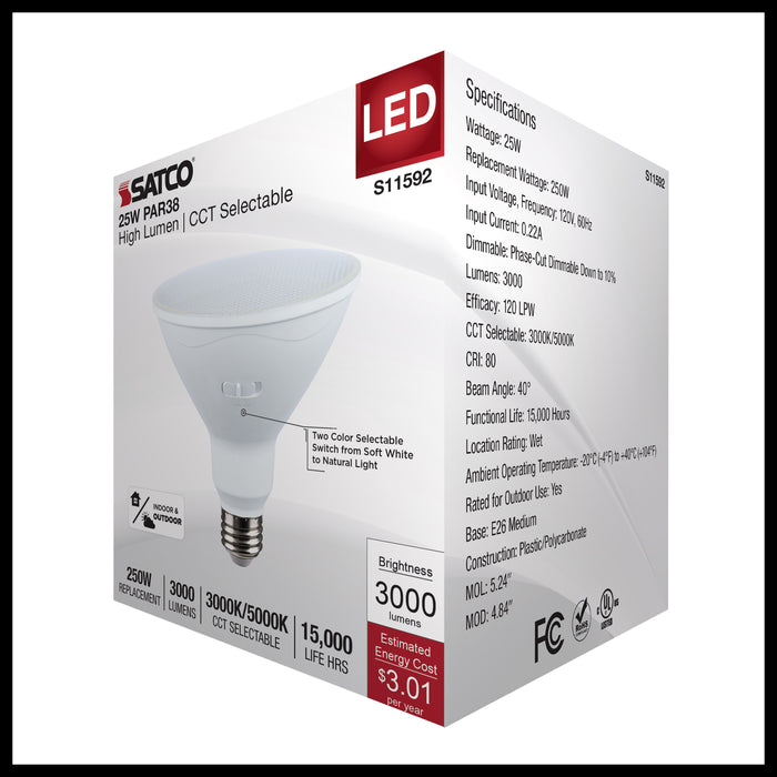SATCO/NUVO 25W LED PAR38 CCT Selectable 3000K/6000K 3000Lm 80 CRI 40 Degree Beam Angle E26 Base Dimmable White (S11592)