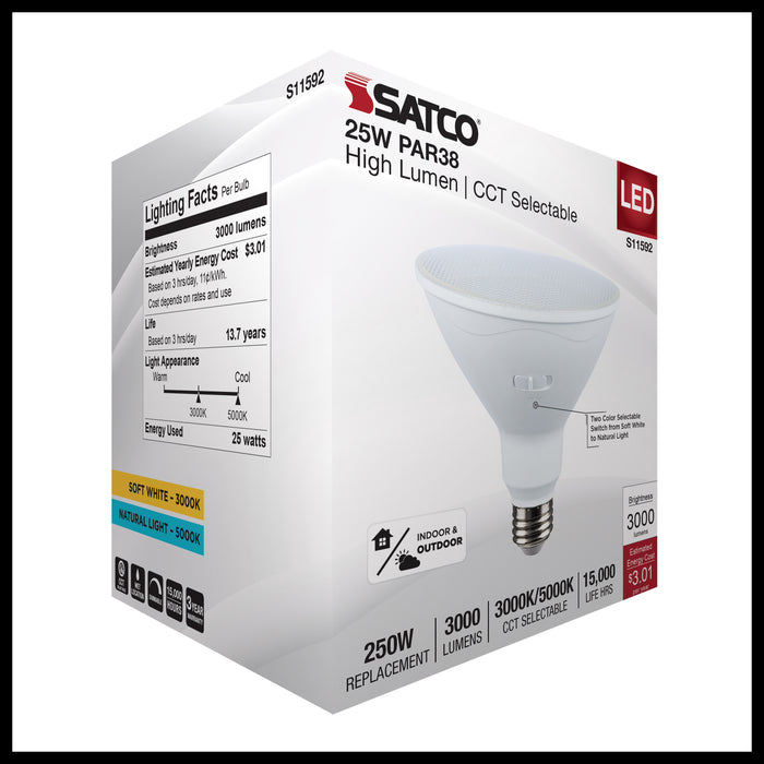 SATCO/NUVO 25W LED PAR38 CCT Selectable 3000K/6000K 3000Lm 80 CRI 40 Degree Beam Angle E26 Base Dimmable White (S11592)