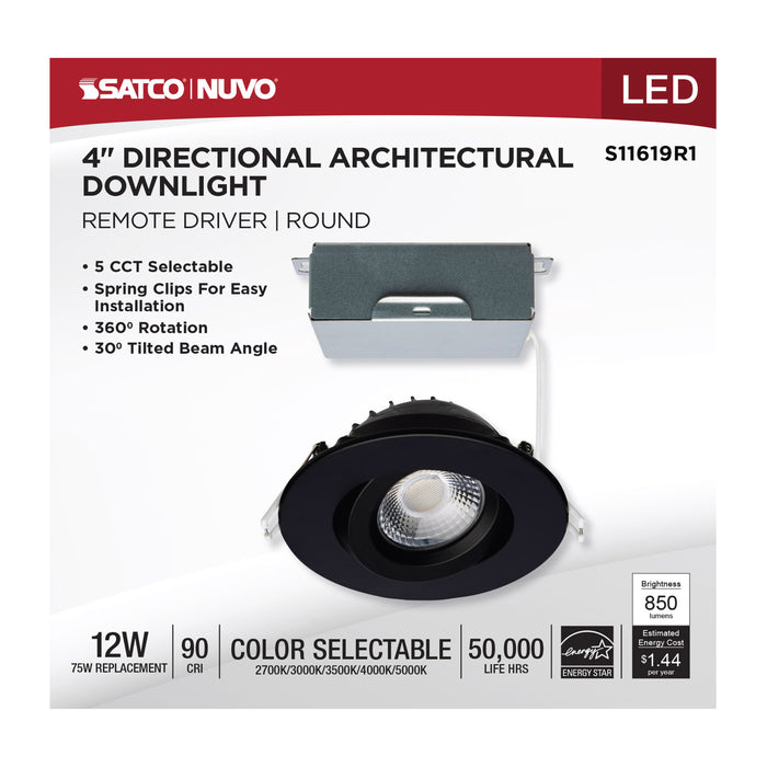 SATCO/NUVO 12W LED Direct Wire Downlight Gimbaled 4 Inch CCT Selectable Round Remote Driver Black Finish 850Lm 120V (S11619R1)