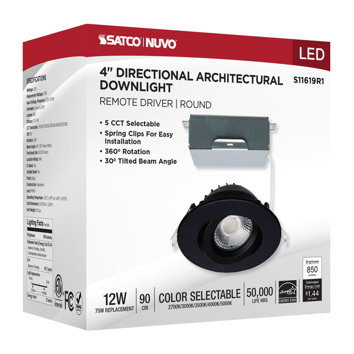 SATCO/NUVO 12W LED Direct Wire Downlight Gimbaled 4 Inch CCT Selectable Round Remote Driver Black Finish 850Lm 120V (S11619R1)