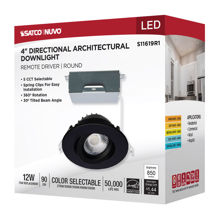 SATCO/NUVO 12W LED Direct Wire Downlight Gimbaled 4 Inch CCT Selectable Round Remote Driver Black Finish 850Lm 120V (S11619R1)