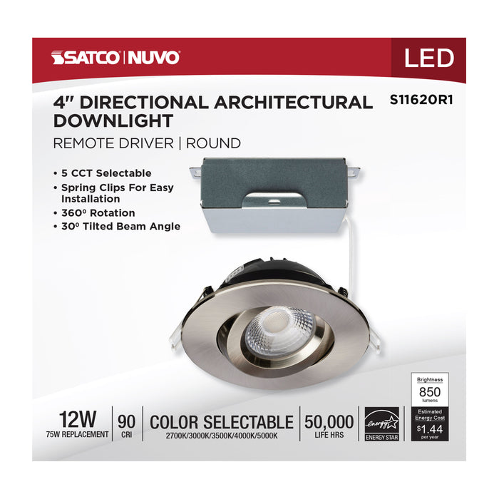 SATCO/NUVO 12W LED Direct Wire Downlight Gimbaled 4 Inch CCT Selectable Round Remote Driver Brushed Nickel Finish 850Lm 120V (S11620R1)