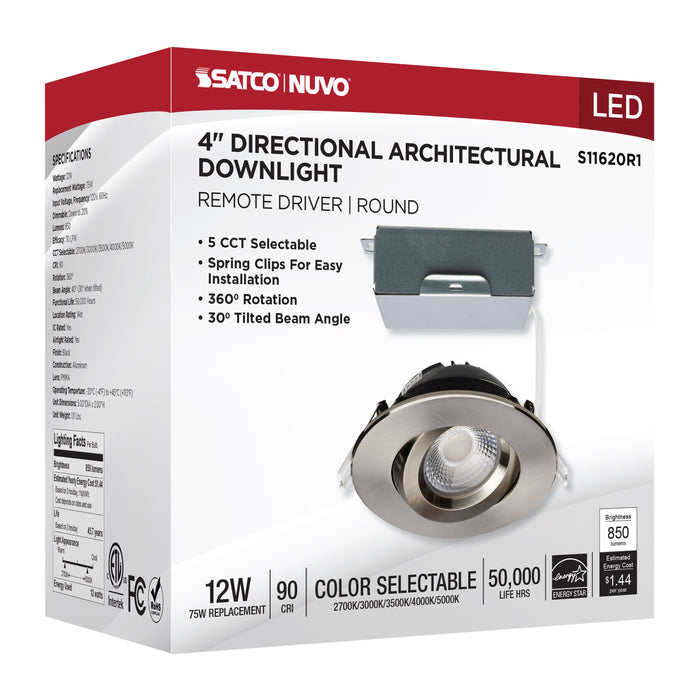 SATCO/NUVO 12W LED Direct Wire Downlight Gimbaled 4 Inch CCT Selectable Round Remote Driver Brushed Nickel Finish 850Lm 120V (S11620R1)