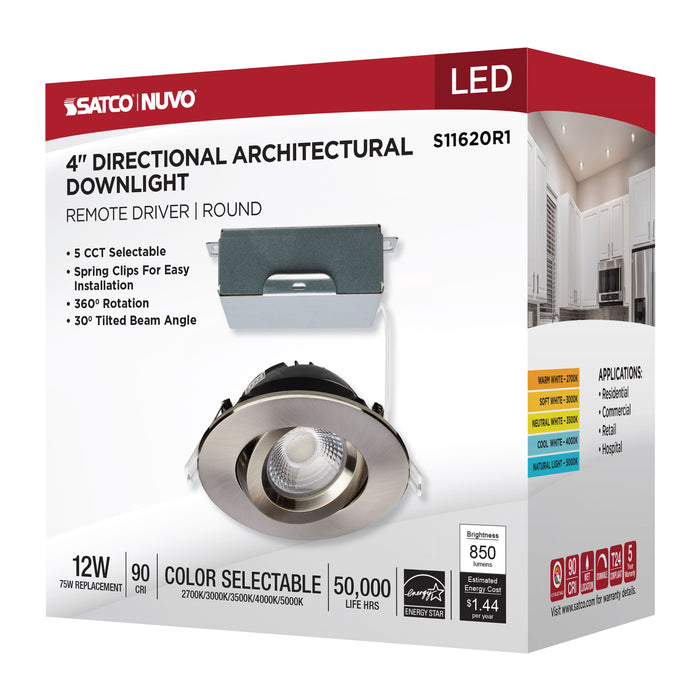 SATCO/NUVO 12W LED Direct Wire Downlight Gimbaled 4 Inch CCT Selectable Round Remote Driver Brushed Nickel Finish 850Lm 120V (S11620R1)