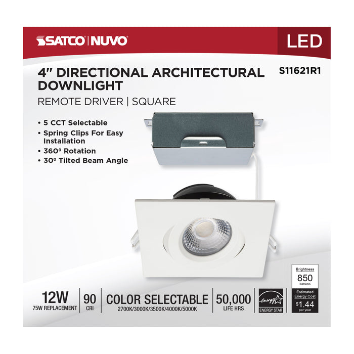 SATCO/NUVO 12W LED Direct Wire Downlight Gimbaled 4 Inch CCT Selectable Square Remote Driver White Finish 850Lm 120V (S11621R1)