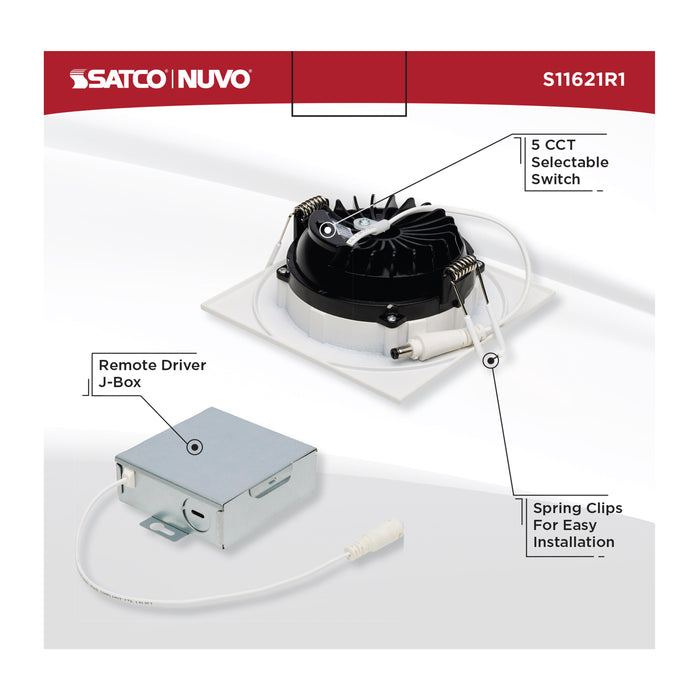 SATCO/NUVO 12W LED Direct Wire Downlight Gimbaled 4 Inch CCT Selectable Square Remote Driver White Finish 850Lm 120V (S11621R1)