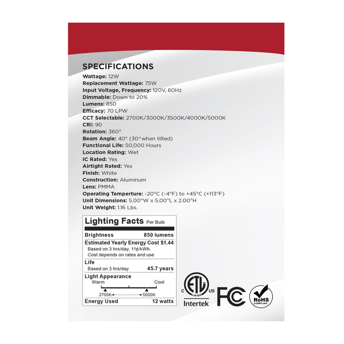 SATCO/NUVO 12W LED Direct Wire Downlight Gimbaled 4 Inch CCT Selectable Square Remote Driver White Finish 850Lm 120V (S11621R1)