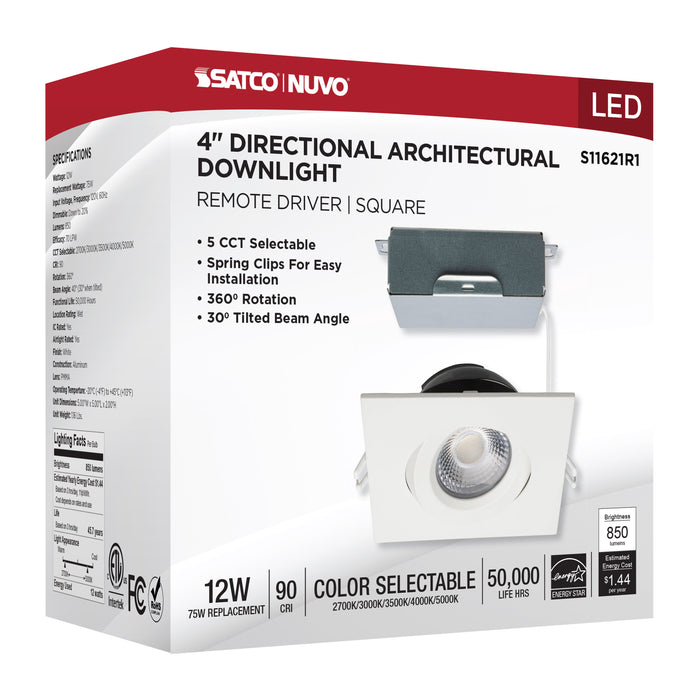 SATCO/NUVO 12W LED Direct Wire Downlight Gimbaled 4 Inch CCT Selectable Square Remote Driver White Finish 850Lm 120V (S11621R1)