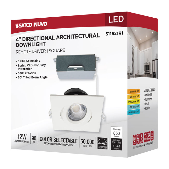 SATCO/NUVO 12W LED Direct Wire Downlight Gimbaled 4 Inch CCT Selectable Square Remote Driver White Finish 850Lm 120V (S11621R1)