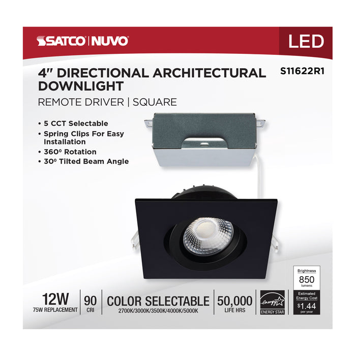 SATCO/NUVO 12W LED Direct Wire Downlight Gimbaled 4 Inch CCT Selectable Square Remote Driver Black Finish 850Lm 120V (S11622R1)