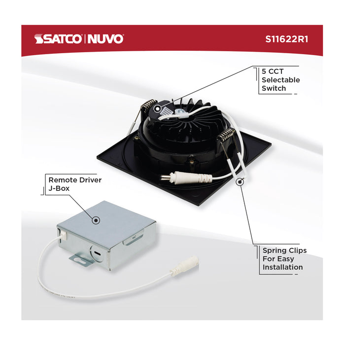 SATCO/NUVO 12W LED Direct Wire Downlight Gimbaled 4 Inch CCT Selectable Square Remote Driver Black Finish 850Lm 120V (S11622R1)