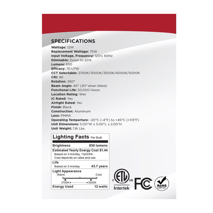 SATCO/NUVO 12W LED Direct Wire Downlight Gimbaled 4 Inch CCT Selectable Square Remote Driver Black Finish 850Lm 120V (S11622R1)