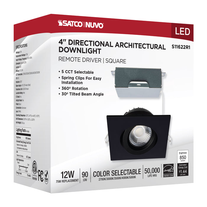 SATCO/NUVO 12W LED Direct Wire Downlight Gimbaled 4 Inch CCT Selectable Square Remote Driver Black Finish 850Lm 120V (S11622R1)