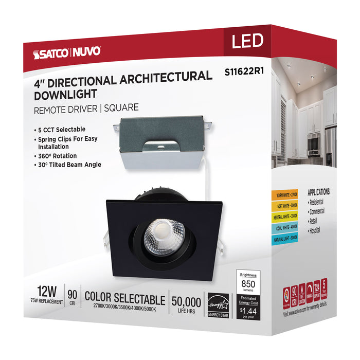 SATCO/NUVO 12W LED Direct Wire Downlight Gimbaled 4 Inch CCT Selectable Square Remote Driver Black Finish 850Lm 120V (S11622R1)