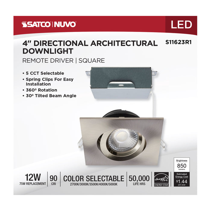 SATCO/NUVO 12W LED Direct Wire Downlight Gimbaled 4 Inch CCT Selectable Square Remote Driver Brushed Nickel Finish 850Lm 120V (S11623R1)