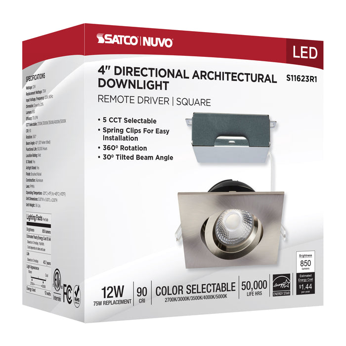 SATCO/NUVO 12W LED Direct Wire Downlight Gimbaled 4 Inch CCT Selectable Square Remote Driver Brushed Nickel Finish 850Lm 120V (S11623R1)