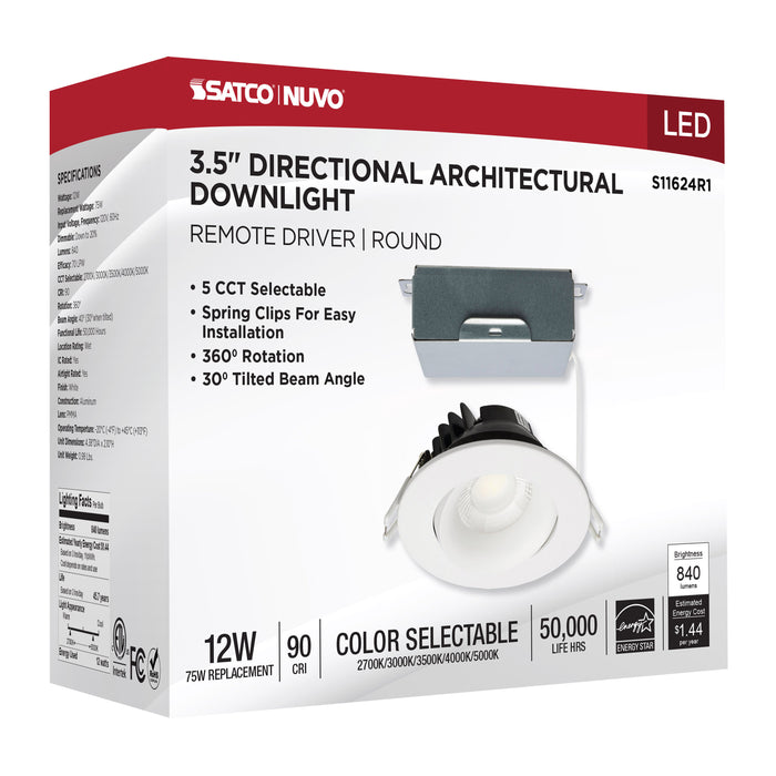 SATCO/NUVO 12W LED Direct Wire Downlight Gimbaled 3.5 Inch CCT Selectable Round Remote Driver White Finish 840Lm 120V (S11624R1)