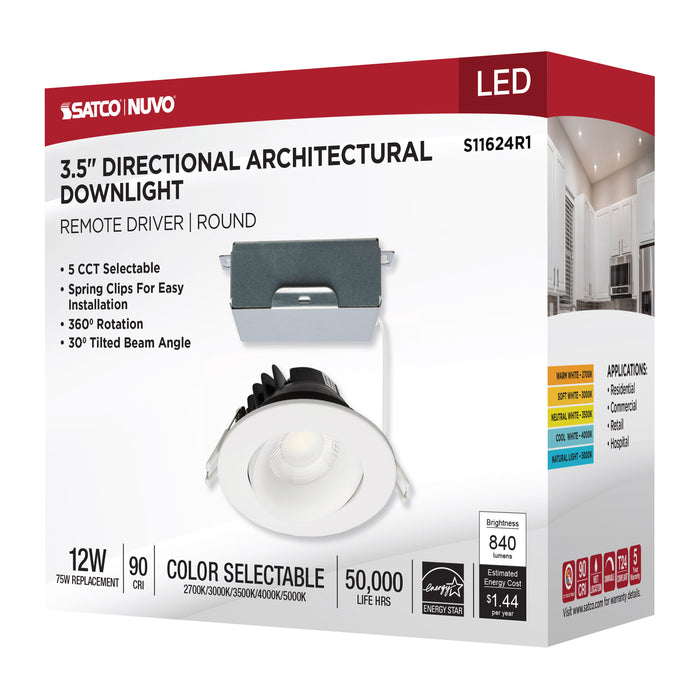 SATCO/NUVO 12W LED Direct Wire Downlight Gimbaled 3.5 Inch CCT Selectable Round Remote Driver White Finish 840Lm 120V (S11624R1)