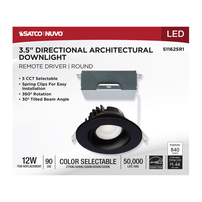 SATCO/NUVO 12W LED Direct Wire Downlight Gimbaled 3.5 Inch CCT Selectable Round Remote Driver Black Finish 840Lm 120V (S11625R1)