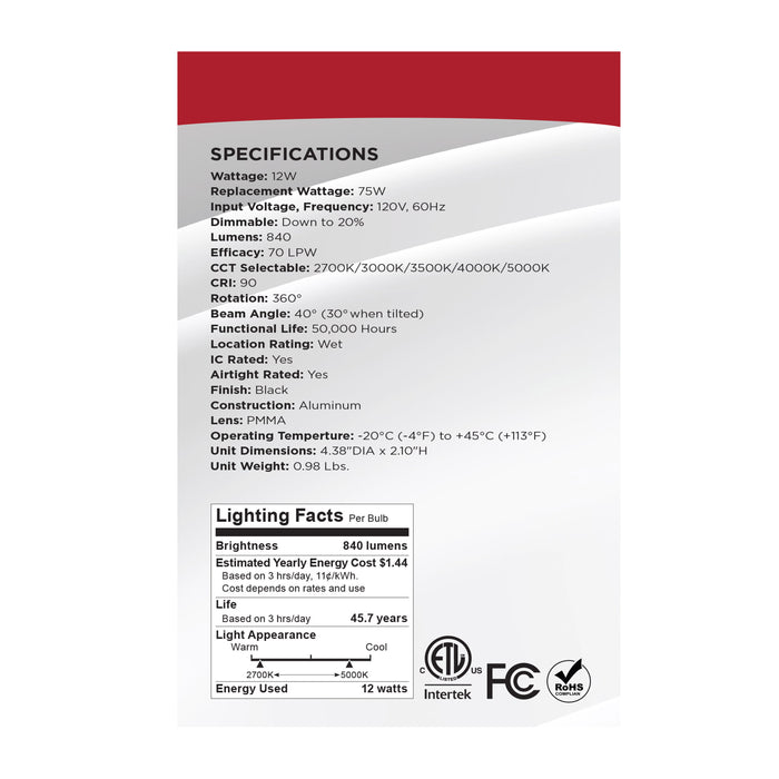 SATCO/NUVO 12W LED Direct Wire Downlight Gimbaled 3.5 Inch CCT Selectable Round Remote Driver Black Finish 840Lm 120V (S11625R1)