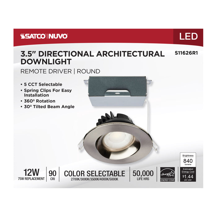 SATCO/NUVO 12W LED Direct Wire Downlight Gimbaled 3.5 Inch CCT Selectable Round Remote Driver Brushed Nickel Finish 840Lm 120V (S11626R1)