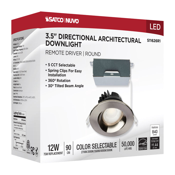 SATCO/NUVO 12W LED Direct Wire Downlight Gimbaled 3.5 Inch CCT Selectable Round Remote Driver Brushed Nickel Finish 840Lm 120V (S11626R1)