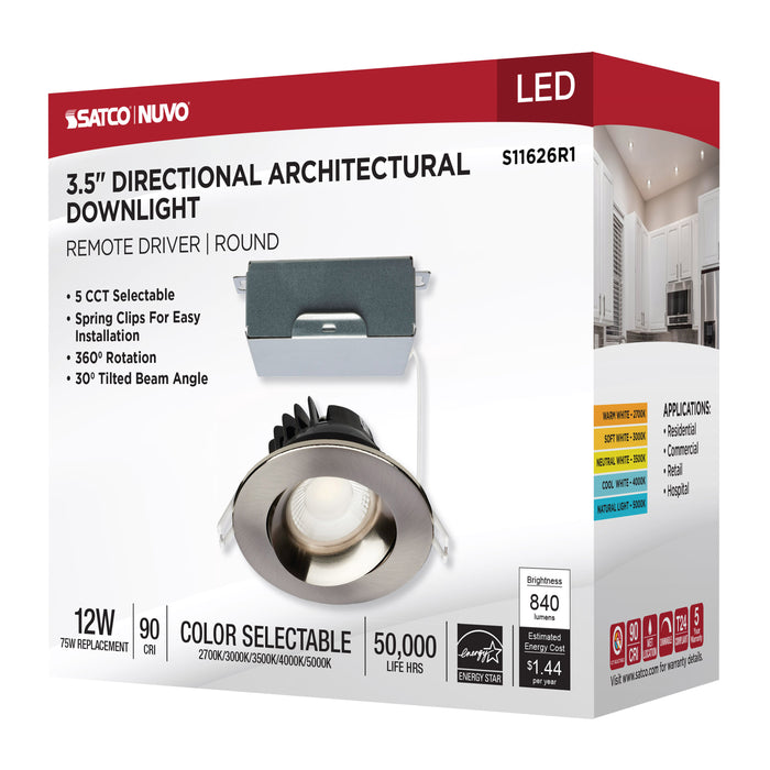 SATCO/NUVO 12W LED Direct Wire Downlight Gimbaled 3.5 Inch CCT Selectable Round Remote Driver Brushed Nickel Finish 840Lm 120V (S11626R1)