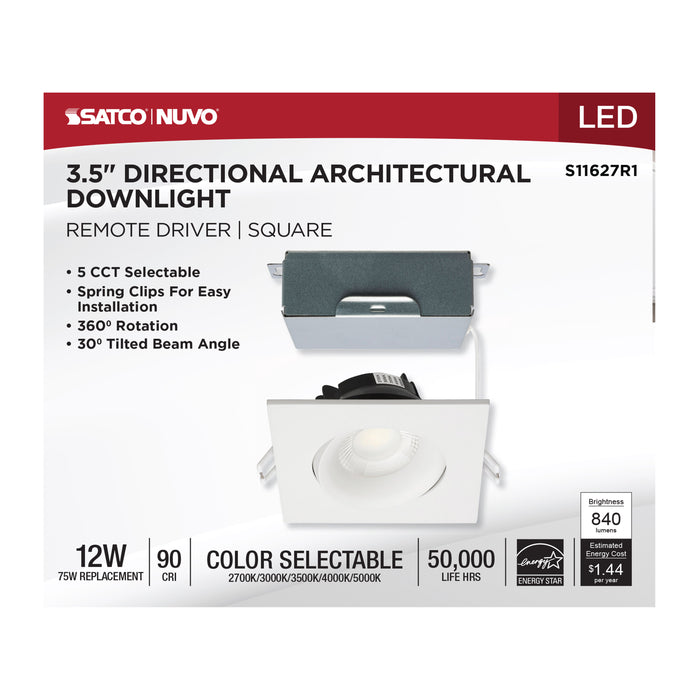 SATCO/NUVO 12W LED Direct Wire Downlight Gimbaled 3.5 Inch CCT Selectable Square Remote Driver White Finish 840Lm 120V (S11627R1)